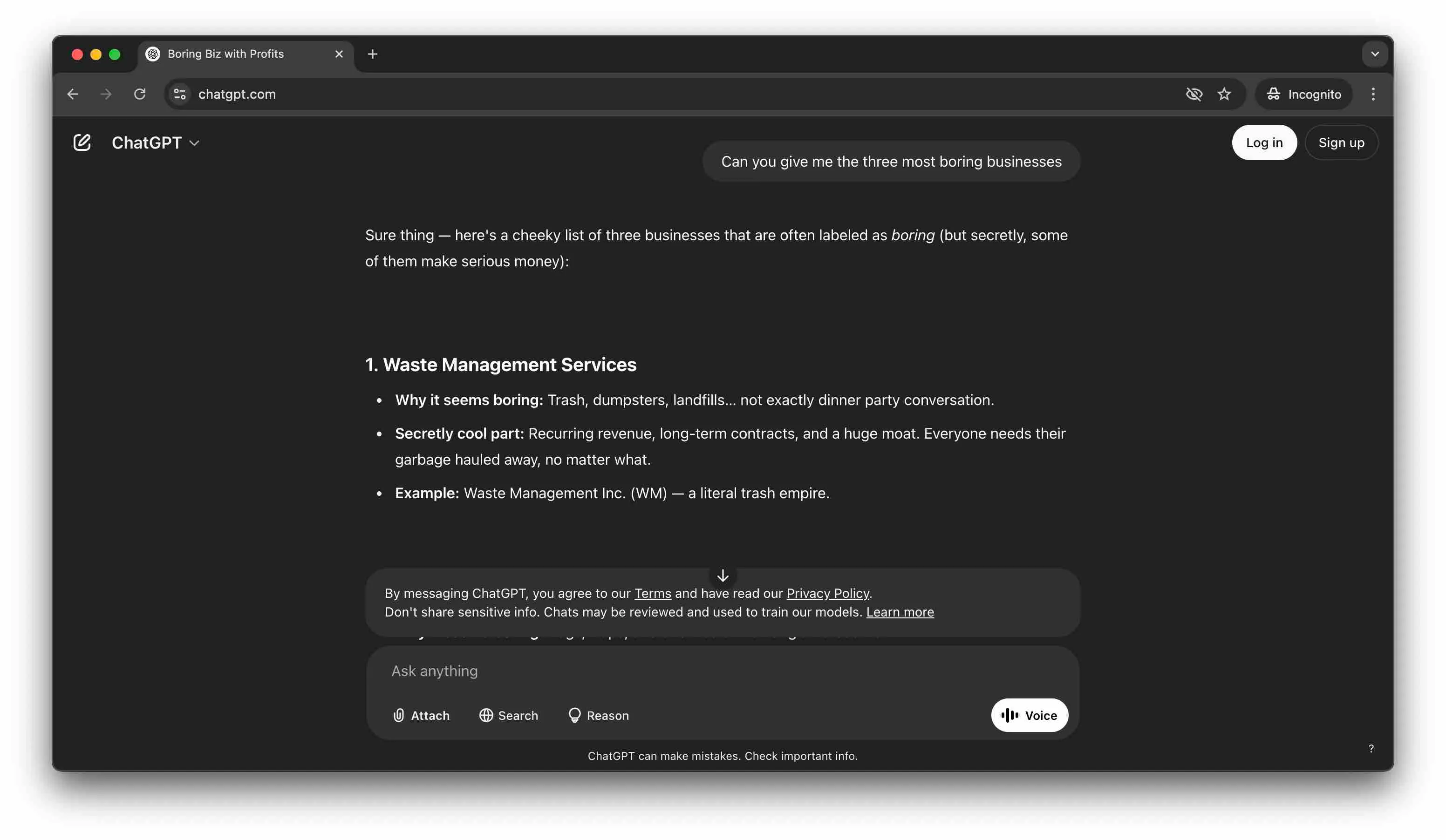 ChatGPT interface showing a business-related prompt