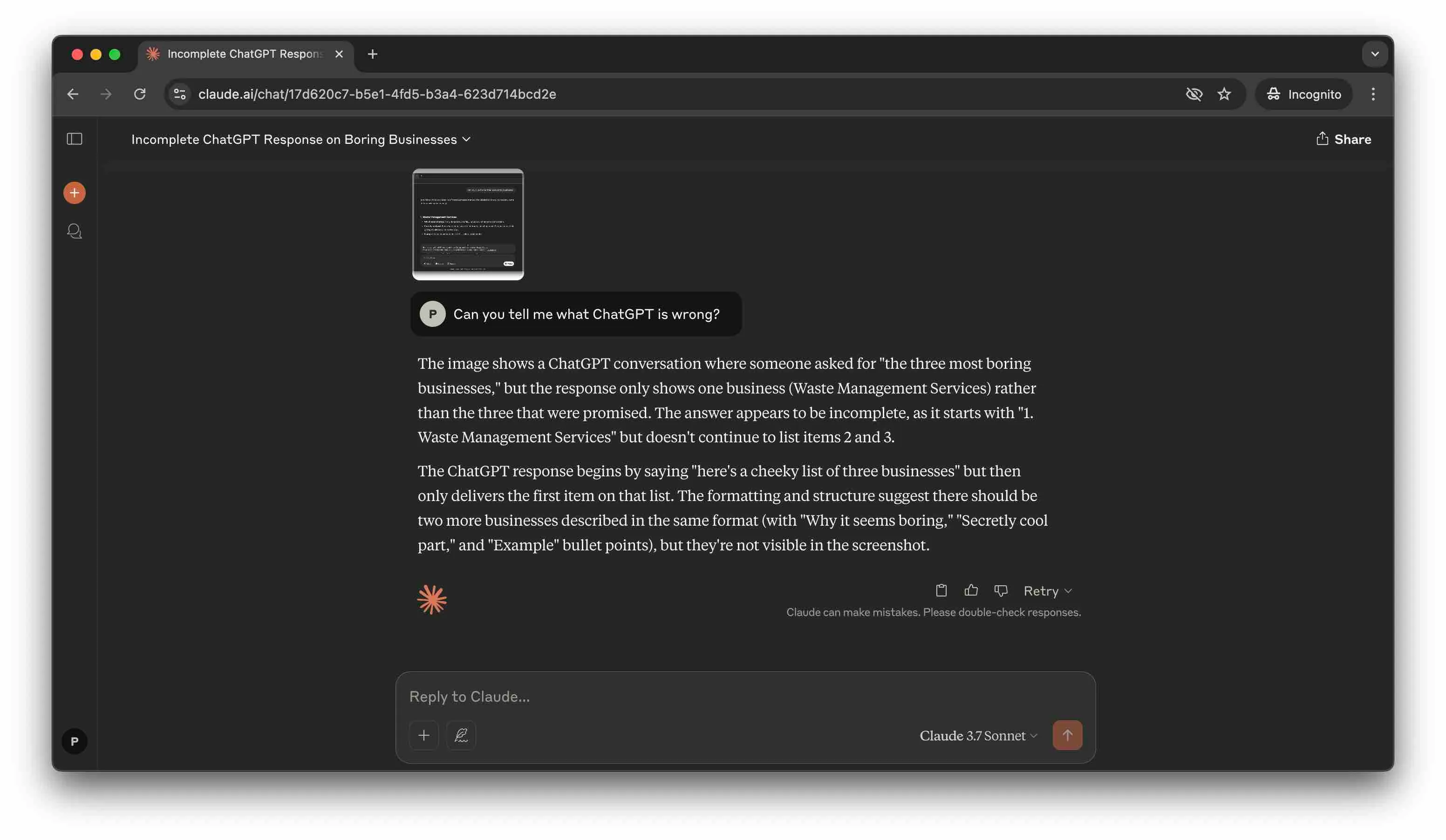 Claude interface analyzing a business document